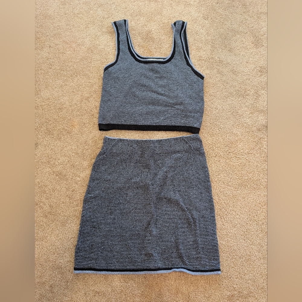 By Together Charcoal and Light Gray Striped Skirt Set